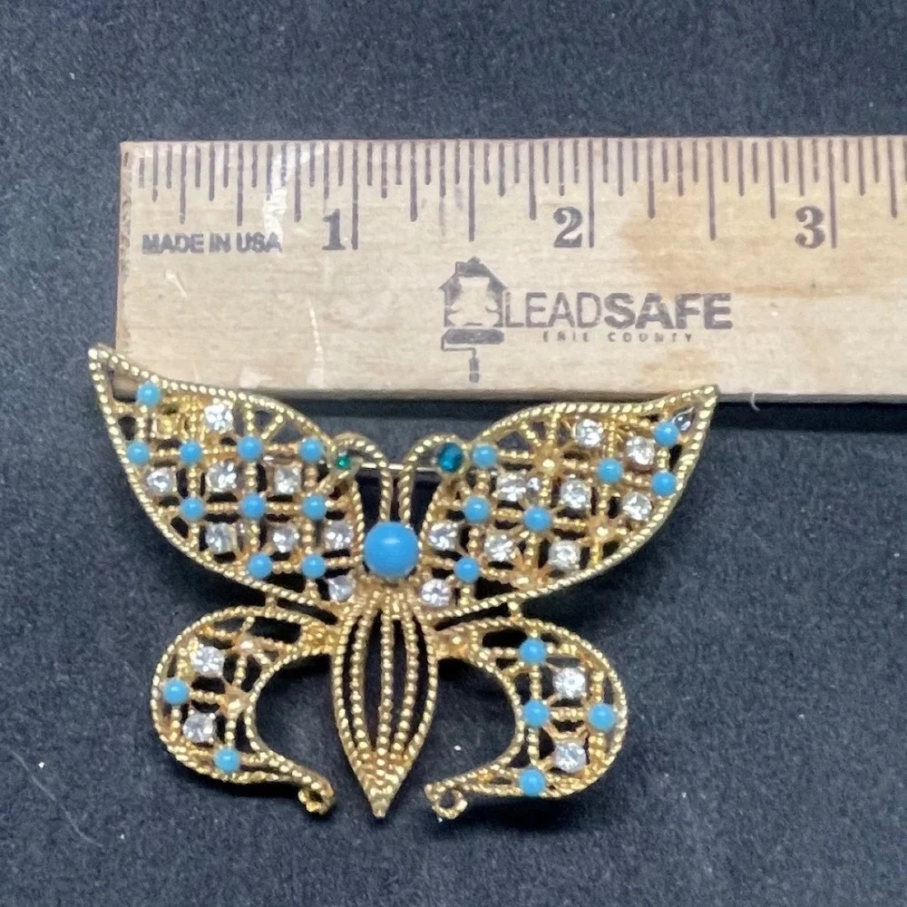 Vintage Gold Tone Butterfly Brooch Turquoise Rhinestone Filigree Pin 2.25 Inch
